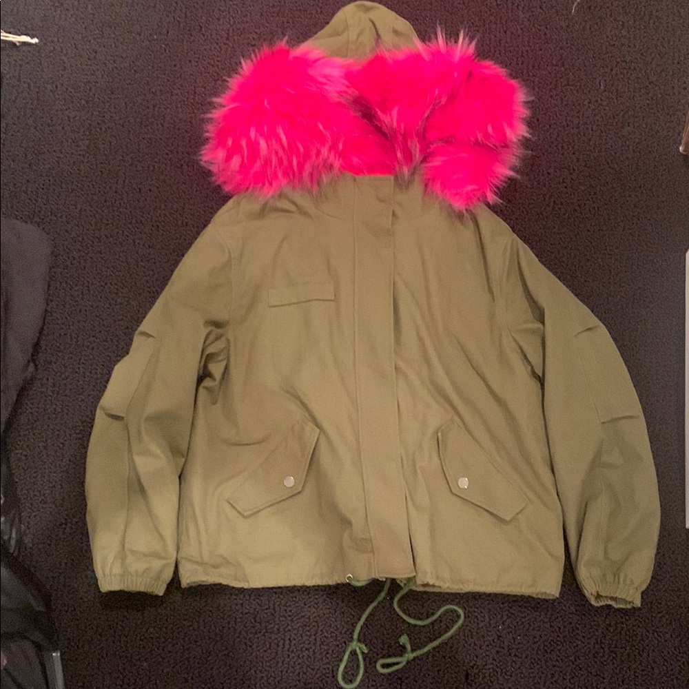 Olive Green Parka with Pink Faux Fur Hood